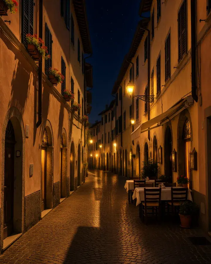 A street picture edited with words: the same street at night