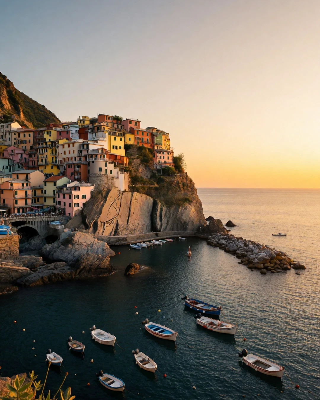 A realistic photo of a coastal village, made from a description